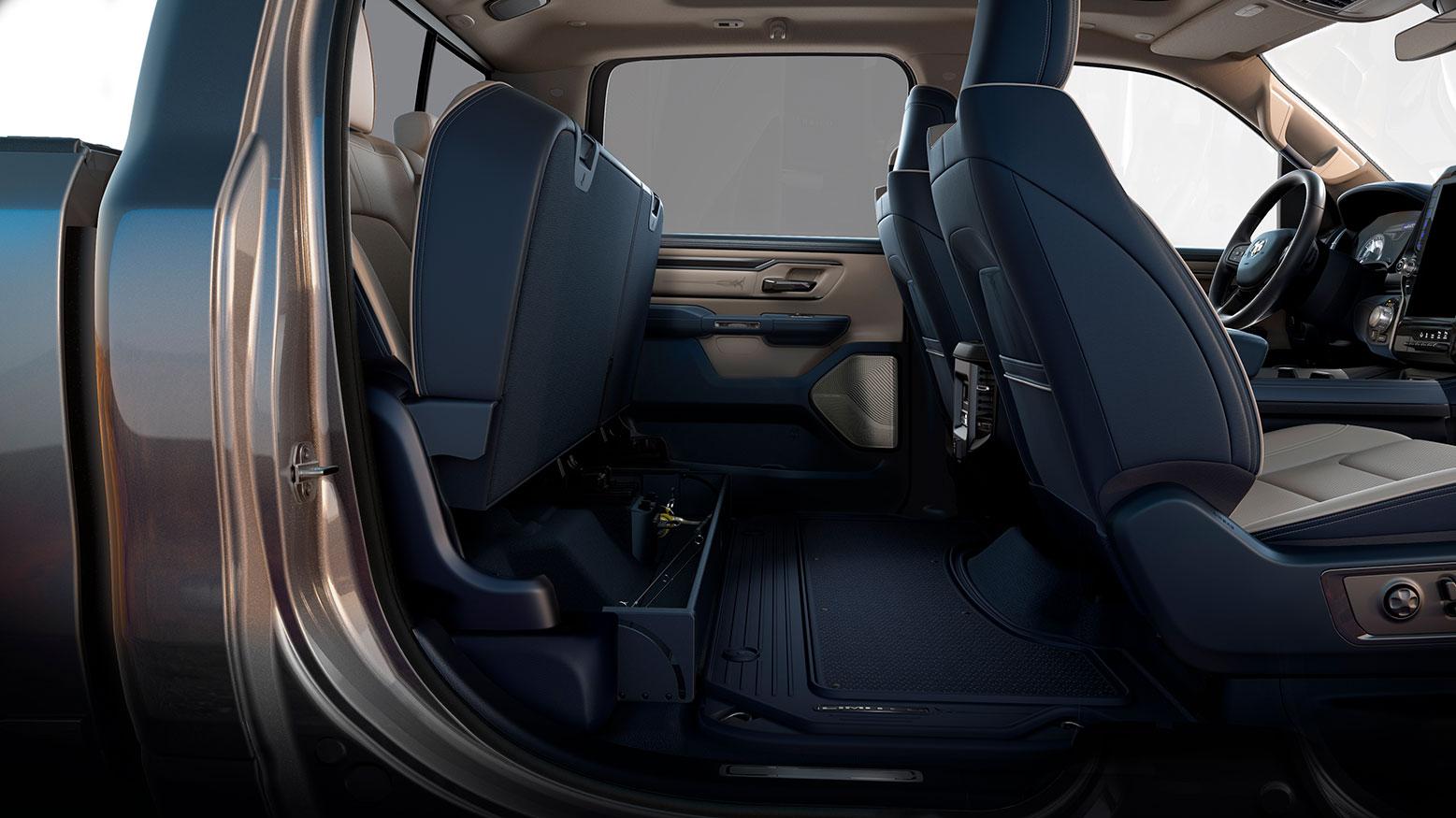 2019 Ram 1500 Rear Seat lifted with Flatload Floor Bin Out AutoMedia