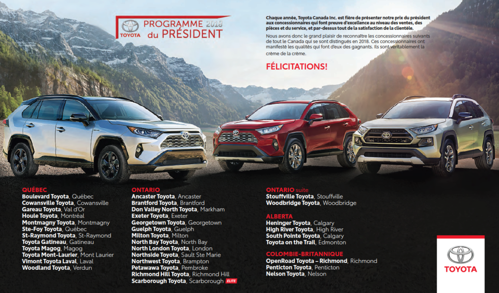 Douze concessions Toyota du Québec reçoivent le Prix du président 2018