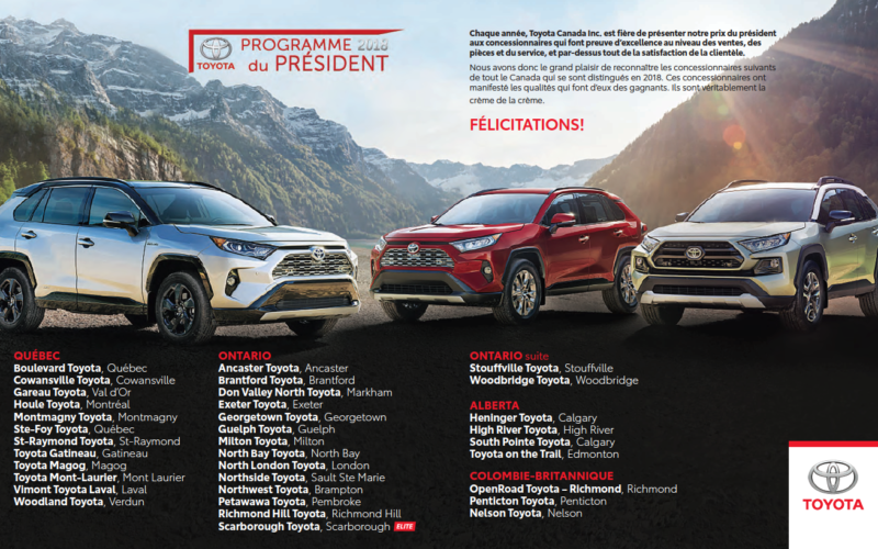 Douze concessions Toyota du Québec reçoivent le Prix du président 2018